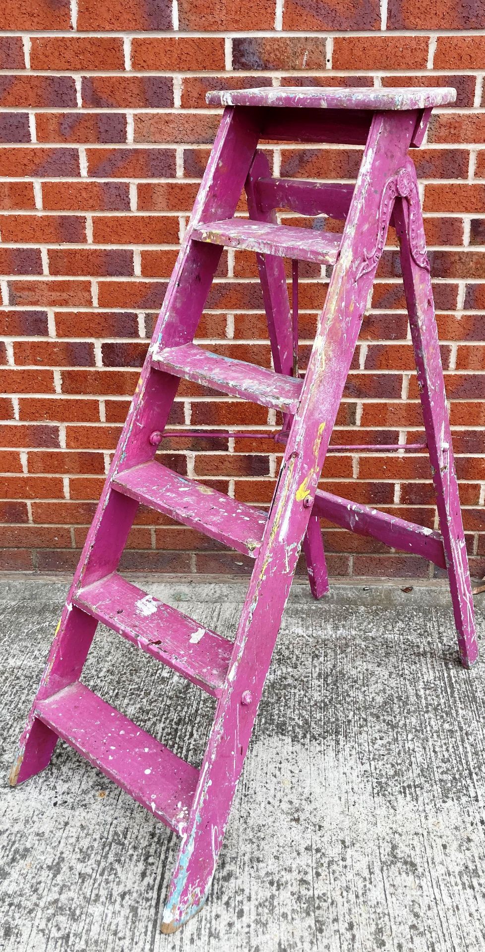 A Pioneer ladder pink painted five step wooden step ladder