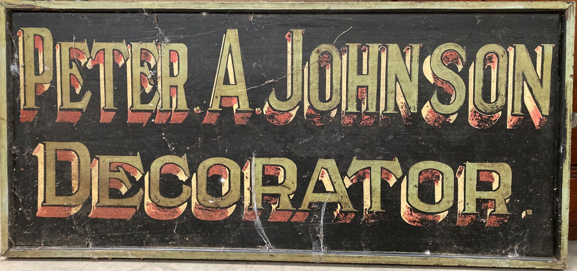 Two hand painted wall mounting signs 'Peter A Johnson Decorator' one 93 x 47cm and one 83 x 39cm - Image 2 of 2