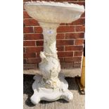 A white concrete circular bird bath on pedestal base 36cm dia x 72cm high