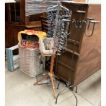 A dress makers stand, a five branch freestanding metal candle holder, bag of games, light fitting,
