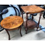A stained oak pie crust edge coffee table and an oak square side table with undershelf (2)