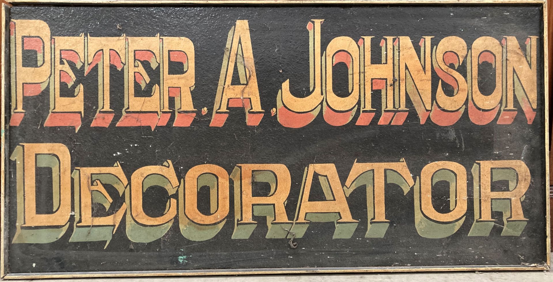 Two hand painted wall mounting signs 'Peter A Johnson Decorator' one 93 x 47cm and one 83 x 39cm