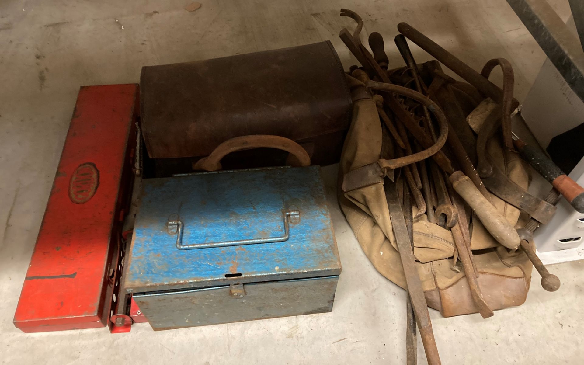 Two assorted tool bags and contents - a blue metal tool box and contents - assorted vintage hand