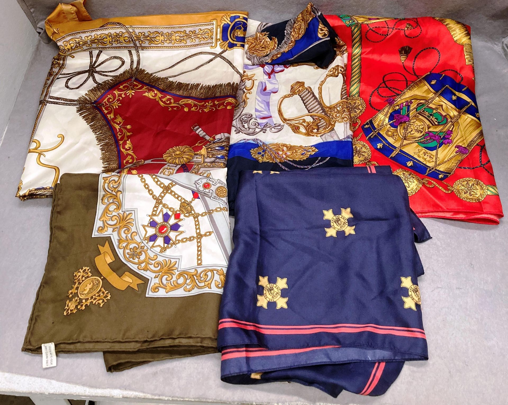 Five heraldic design etc. silk scarves by Matinto, etc.