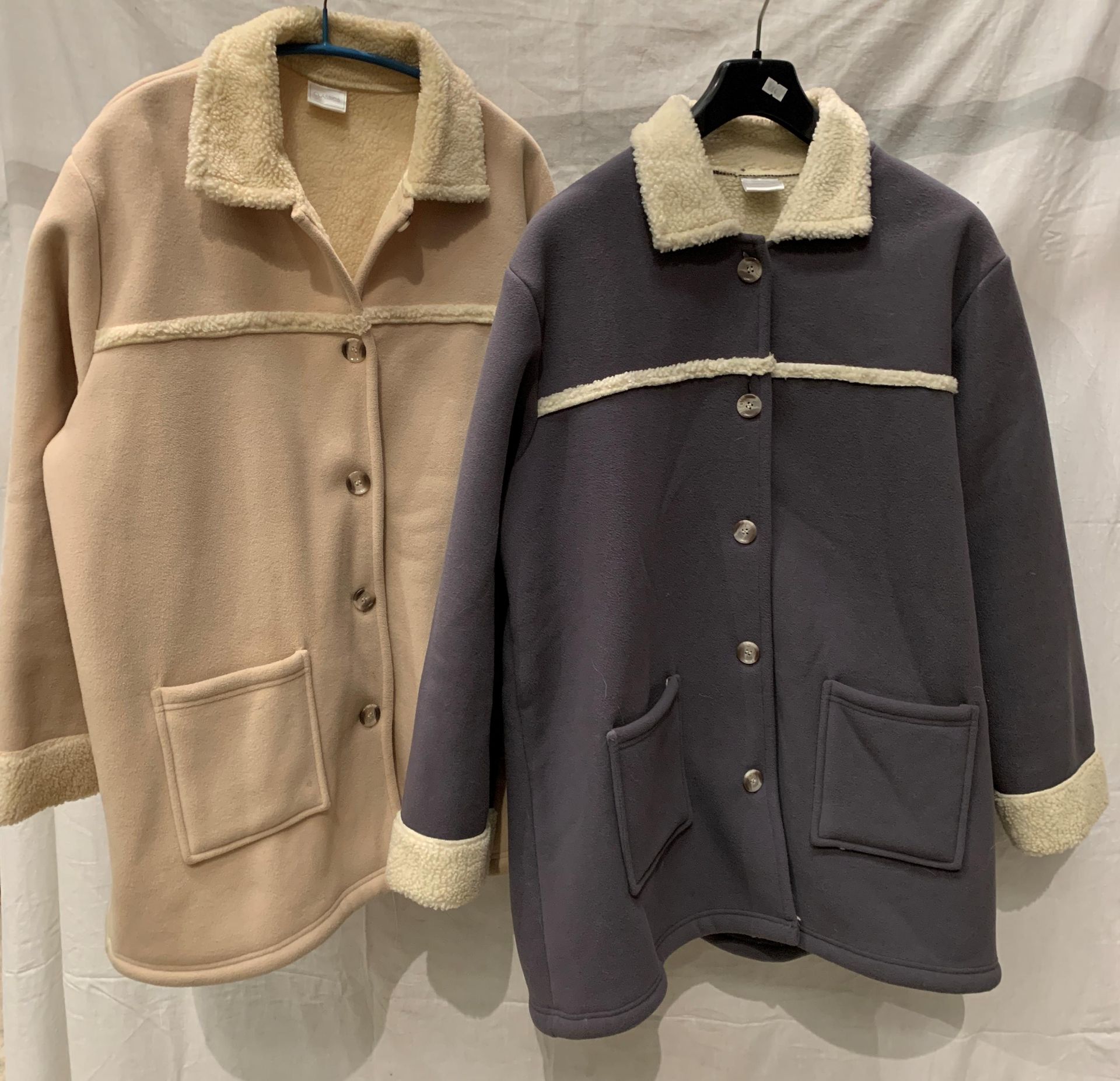 Two ladies fleece jackets (grey and camel), with faux fur lining, sizes 20/22,
