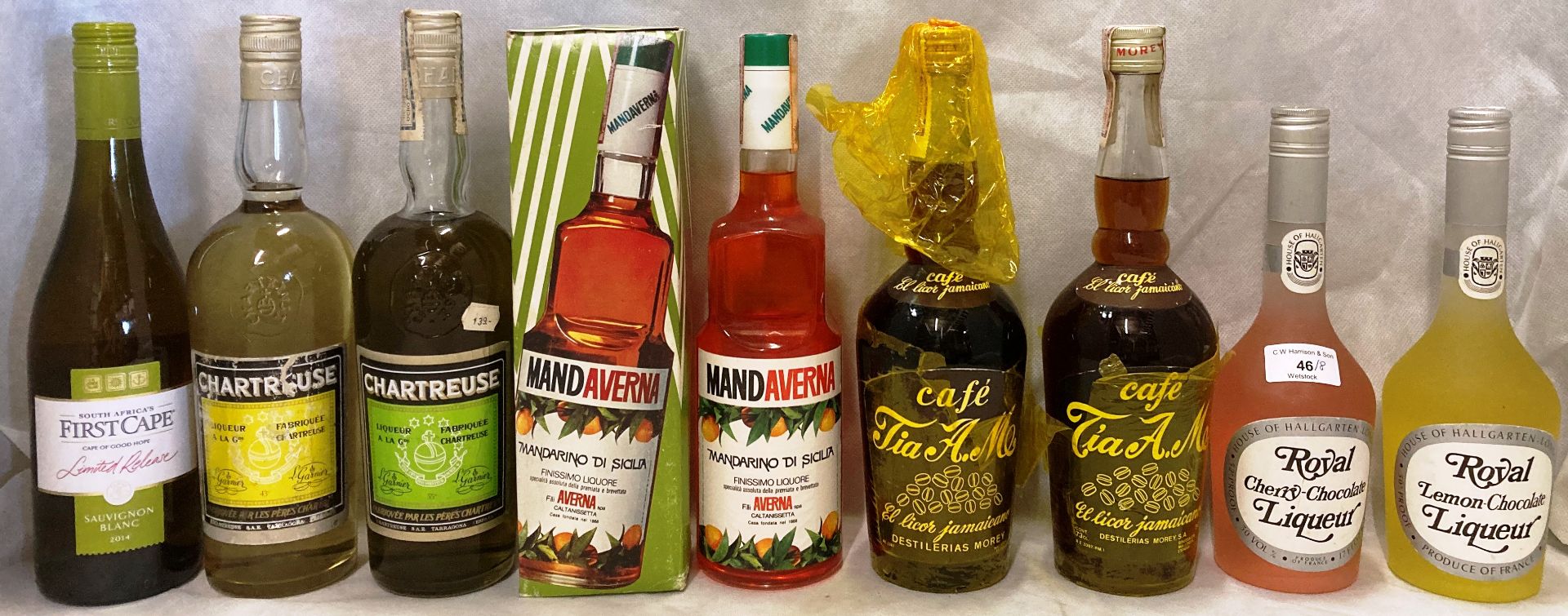 Eight various bottles of liqueurs - Royal Liqueur (cherry chocolate and lemon chocolate),