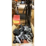 Contents to cardboard box - assorted cameras by Zenit, Praktica, Chinon etc,