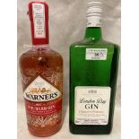 A 70cl bottle of Warner's Rhubarb Gin (40% volume) and a 1 litre bottle of M&S London Dry Gin (37.