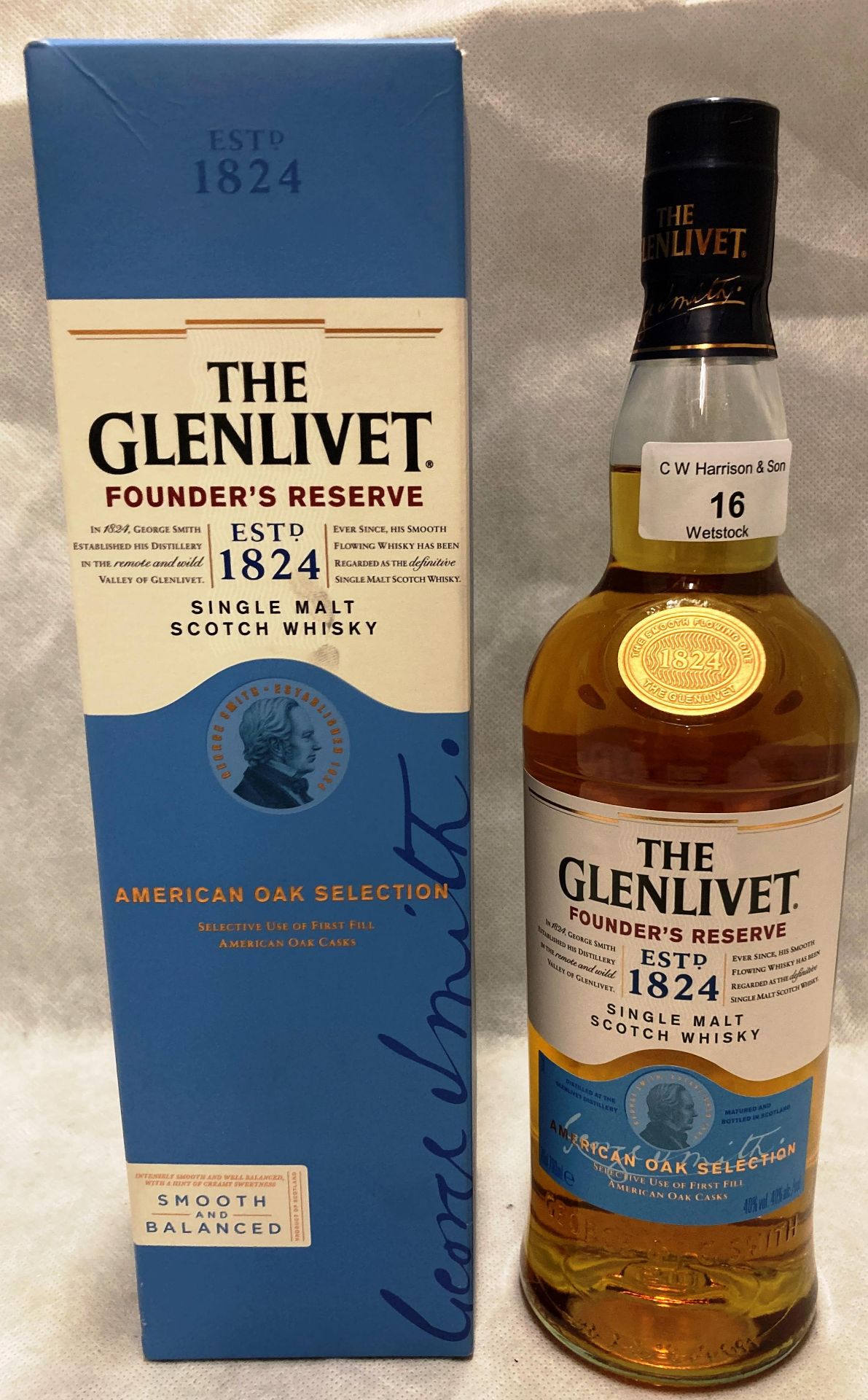 A 700ml bottle of The Glenlivet Founders Reserve Single Malt Scotch whisky (40% vol) in a