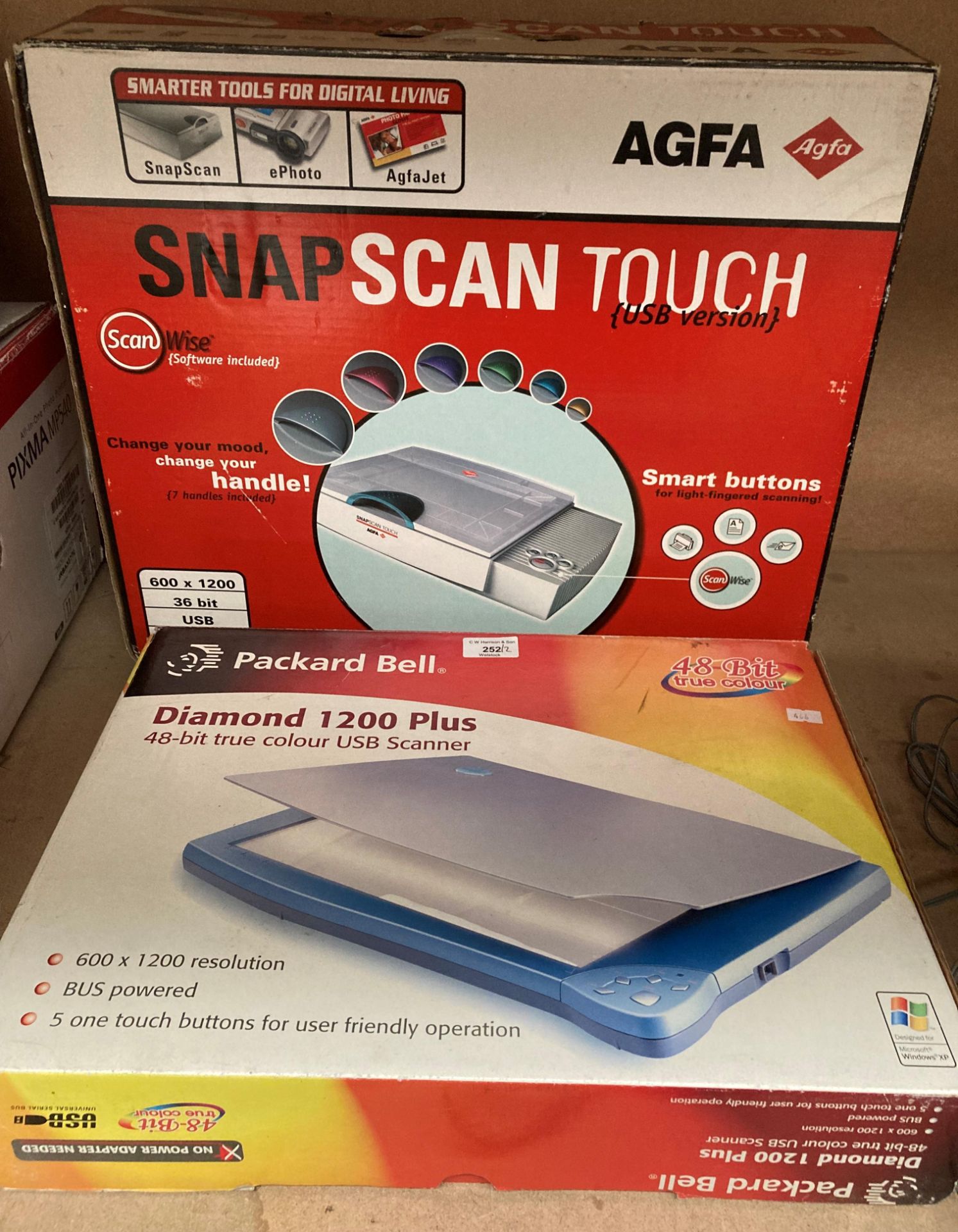 A Packard Bell Diamond 1200 Plus 48-bit true colour USB scanner and an Agfa Snap Scan Touch scanner