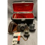 Contents to cardboard box and side of box - camera lenses, cameras, Fotochrome Colour Camera,