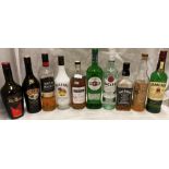 Ten various part bottles of spirits and liquors (range less than a quarter to three quarters full)