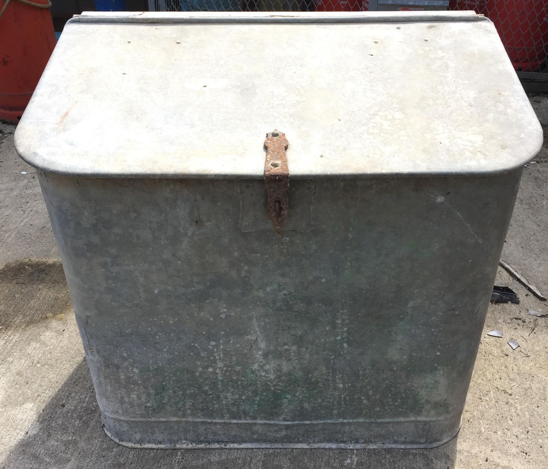 Large galvanised corn bin - sloping top - internally two section 85 x 55 x 81cm max high