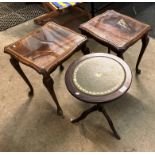 Two mahogany coffee tables with glass insert tops and a small circular coffee table with green
