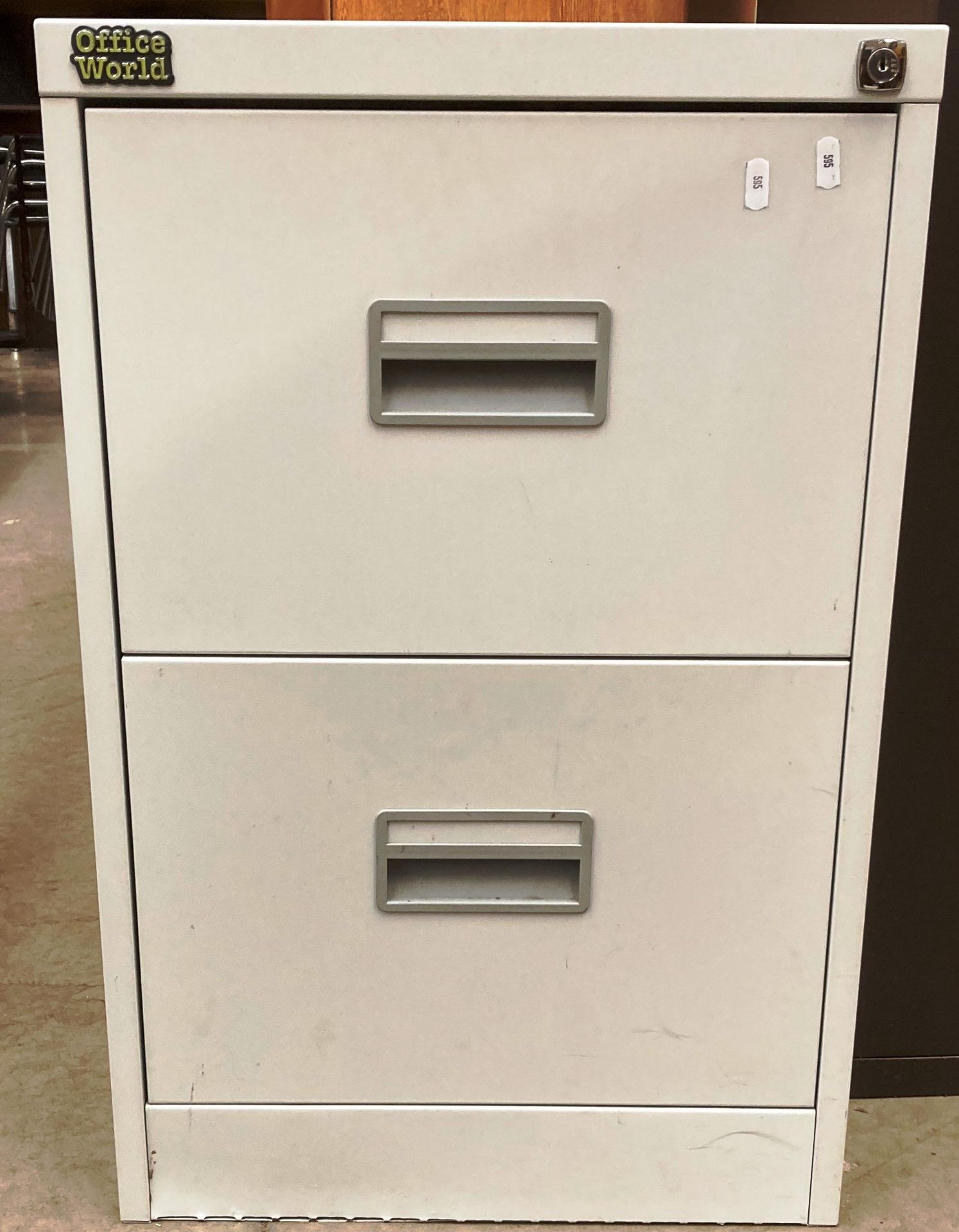 An Office World light grey metal two drawer filing cabinet