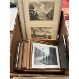 Contents to box - two framed Doncaster prints, assorted frames and prints,