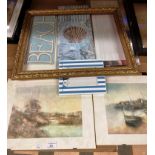 Contents to part of rack, two assorted prints, wooden beach sign/plate, photo frames etc.