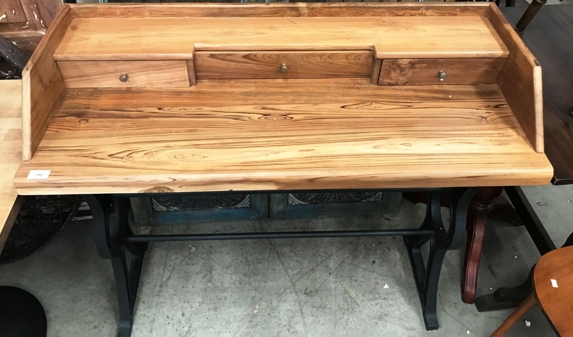 Acacia wooden topped desk on black cast metal base with three drawers 106 x 45 x 95cm high - Image 2 of 2