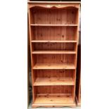 A pine six shelf open bookcase 77cm x 30cm x 182cm high