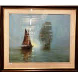 Montague Dawson large framed print 'Two ships in mist' - 60cm x 76cm