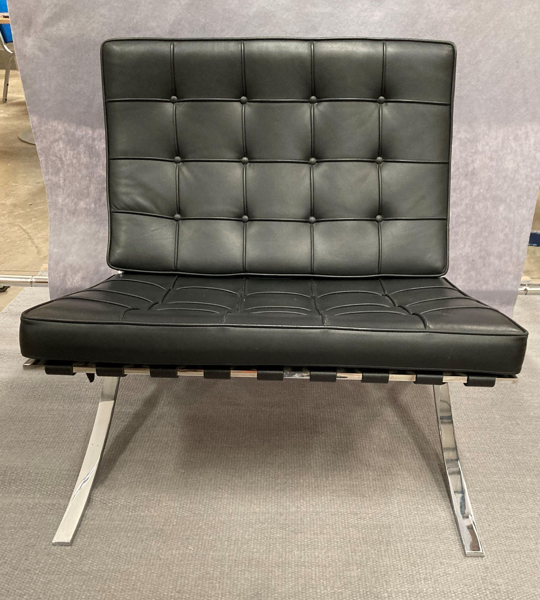 A KNOLL STUDIO BARCELONA CHAIR with padded black leather upholstery on chrome frame 75cm wide, - Image 2 of 13