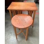 A medium wood finish mobile set of table with host tablea and four pull out circular folding tables