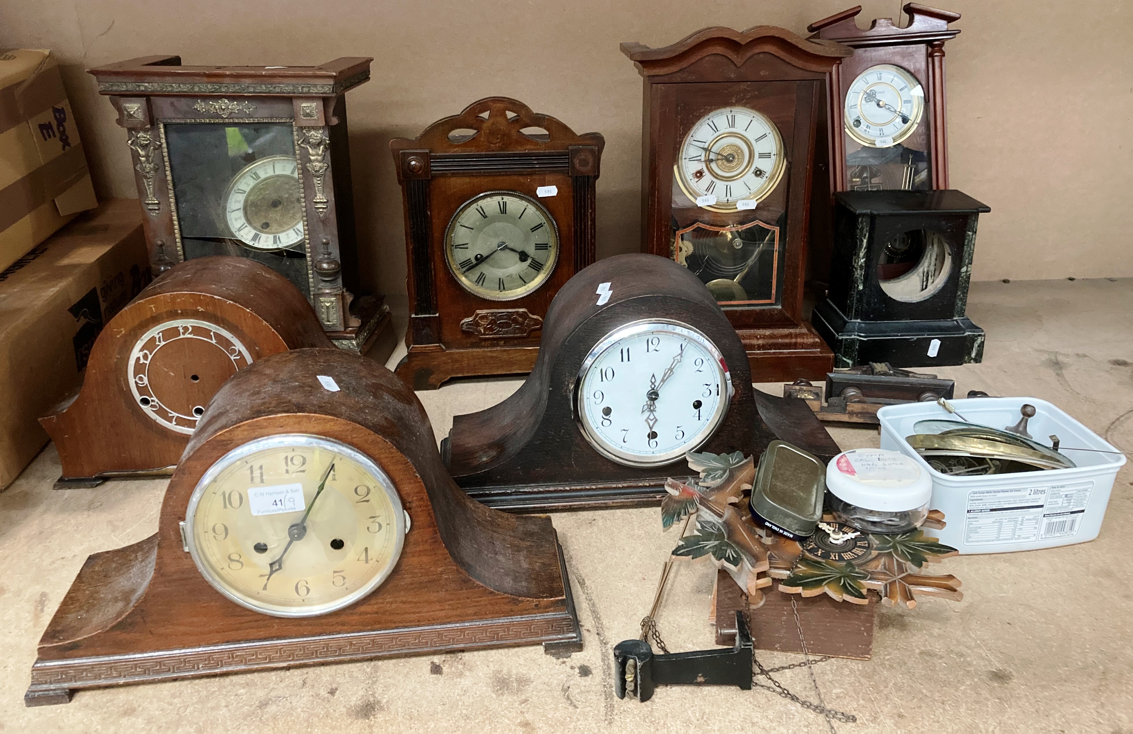 Nine various clocks and clock faces, all as seen - mantel, cuckoo etc.