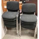 A set of ten chrome framed charcoal grey upholstered stacking chairs (one with tear)