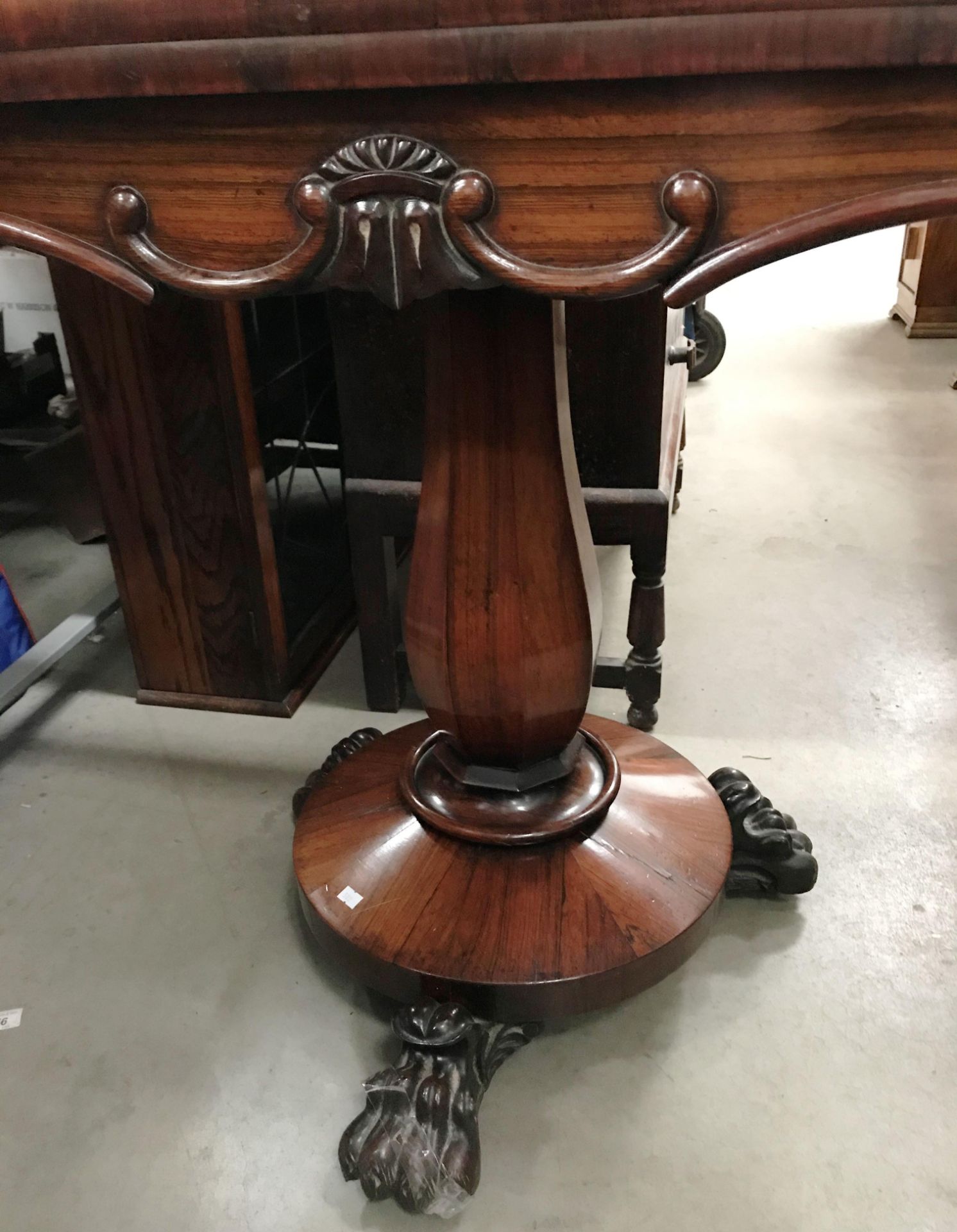 A Victorian rosewood swivel top tea table 92 x 92cm when open on single column tripod claw foot - Image 3 of 3