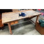 A large wood single drawer work bench 224cm x 92cm x 91cm high complete with a Record No.