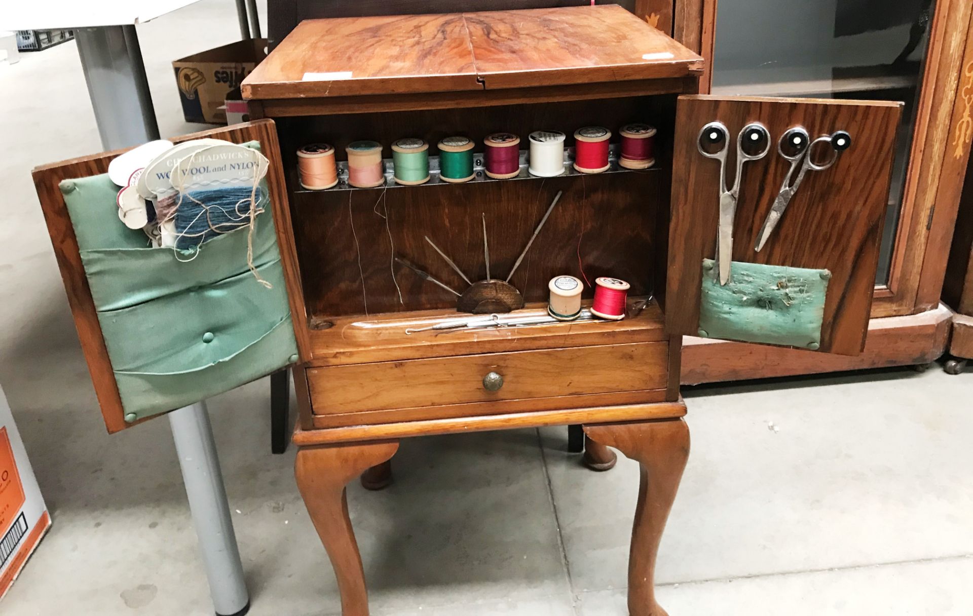 A mahogany sewing cabinet with lift top and two doors over single frieze drawer containing sewing - Image 2 of 2