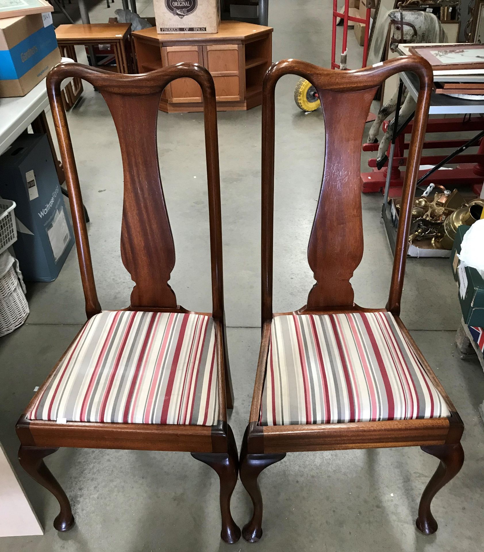Four 1930s mahogany framed Queen Anne style dining chairs with grey/red and cream striped - Image 2 of 2