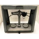 A set of Griffin metal balance scales in grey metal glazed shaped case - case size 45cm x 19cm x