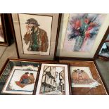 Richard Grerman framed print and Emma M Kelly tapestry of a clown and three other tapestry's