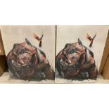 Two Rhino and Birds on canvas box prints - 80cm x 60cm