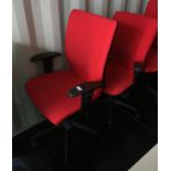 2 x red fabric adjustable office swivel armchairs