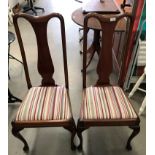 Four 1930s mahogany framed Queen Anne style dining chairs with grey/red and cream striped