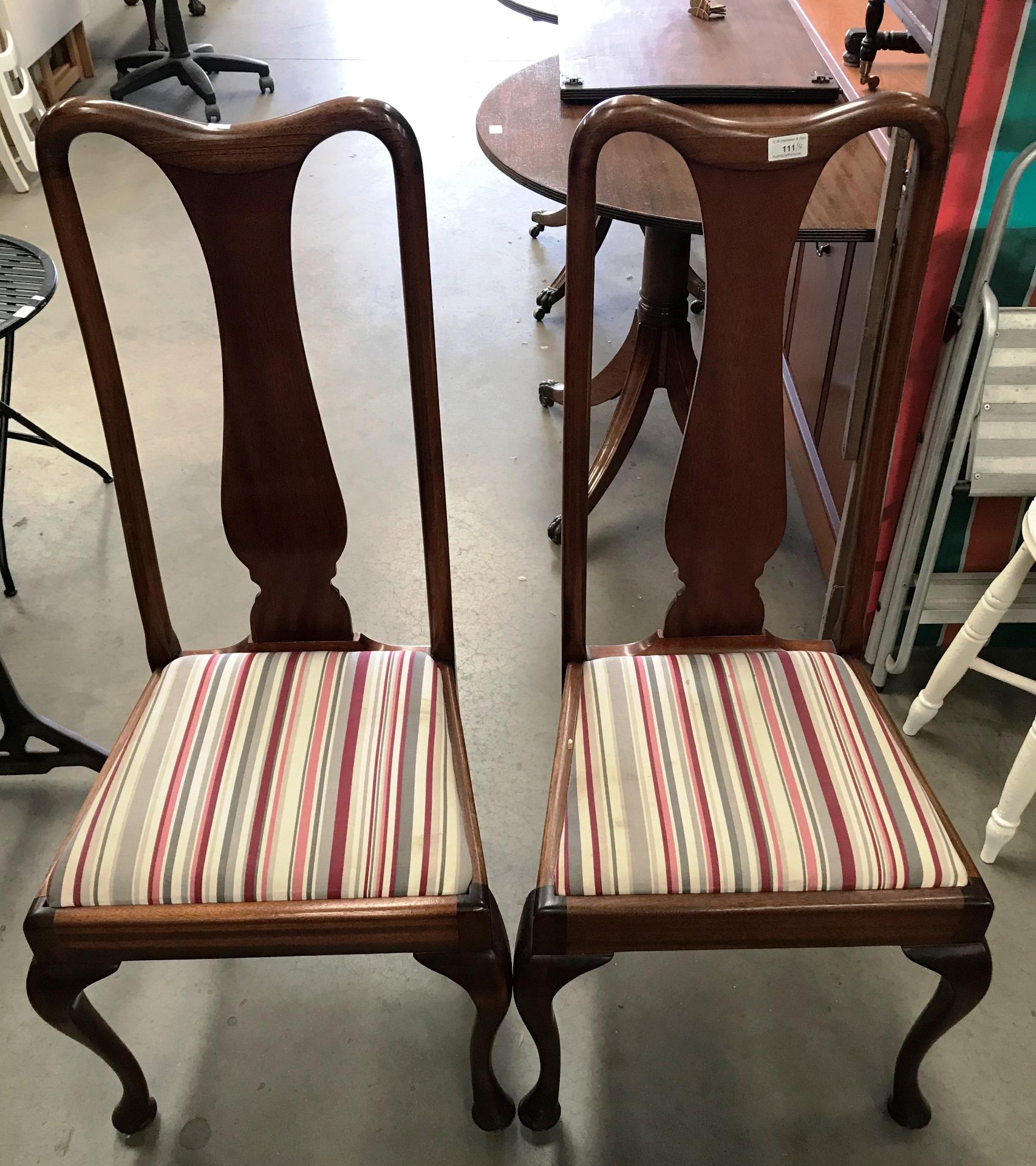 Four 1930s mahogany framed Queen Anne style dining chairs with grey/red and cream striped