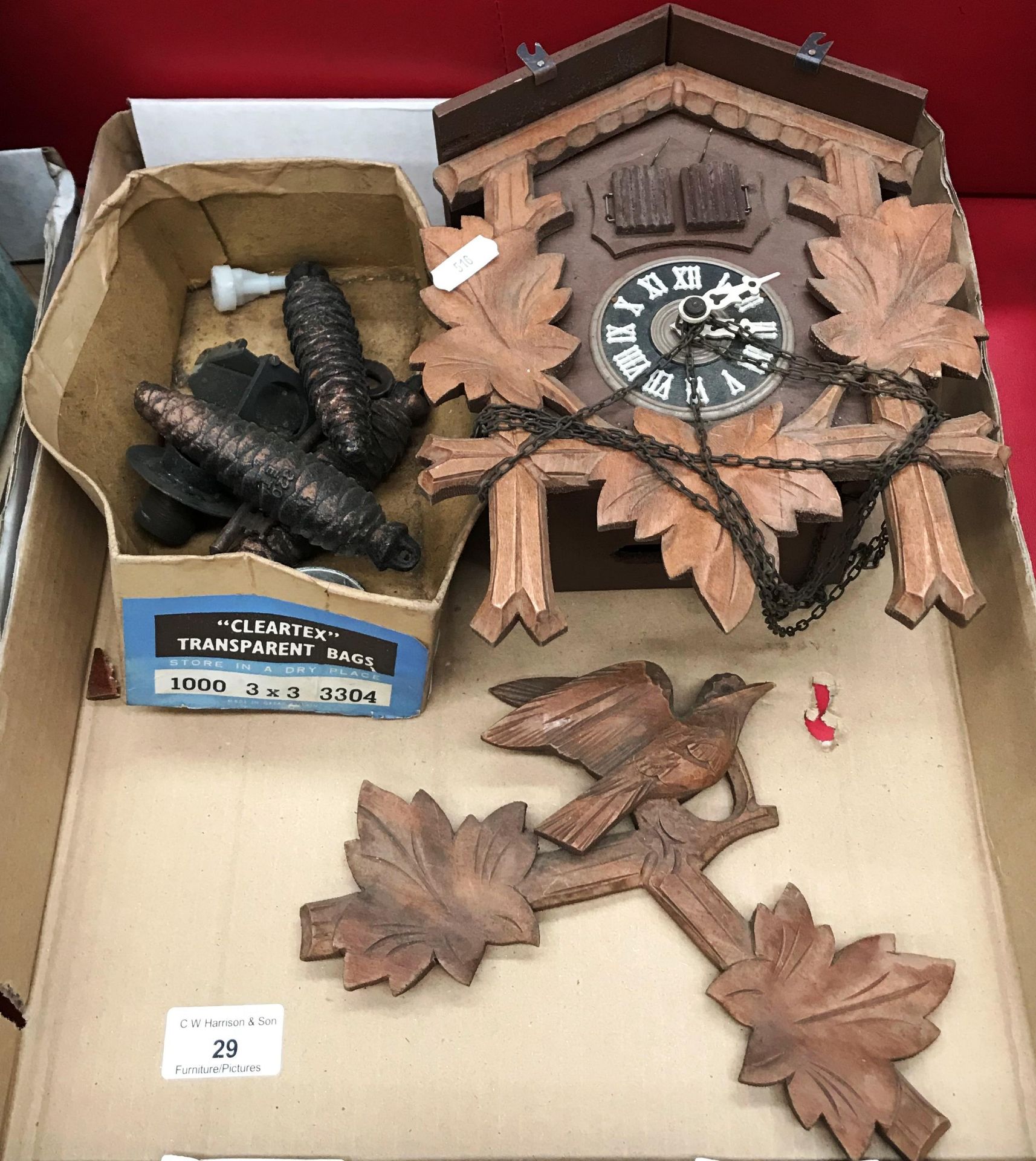 Contents to tray wooden cuckoo clock - as viewed