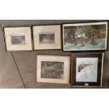 Five assorted framed prints - 'The Dropping Well', 'Knaresborough', 'Pheasant', 'Breaking Cover',