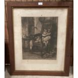 Victorian black and white framed print of a collie on a chair - 45 x 37cm