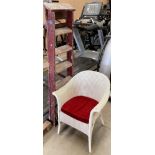 A Lloyd Loom armchair with red pad seat and a purple painted wood six rung stepladder (2)