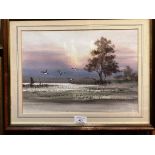 Piset (no title), framed watercolour, Ducks over Field,