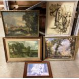 Five assorted prints by J. Constable - Haywain/Salisbury Cathedral/Saying Grace by C.A.Smith etc.