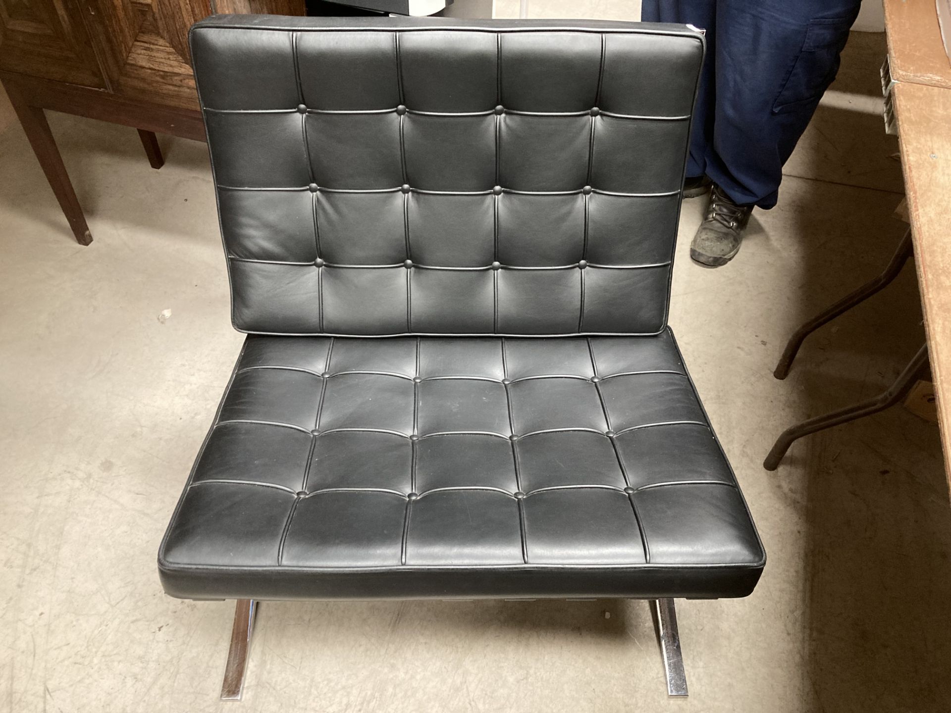 A KNOLL STUDIO BARCELONA CHAIR with padded black leather upholstery on chrome frame 75cm wide, - Image 8 of 13