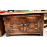 A low oak two door side cabinet 82cm x 48cm high - stained to top