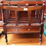 A mahogany framed style drawer Canterbury on brass castors (damaged to one side) and a stained deal