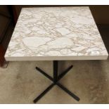 A light brown patterned laminate top cafe table on metal frame 54cm x 54cm