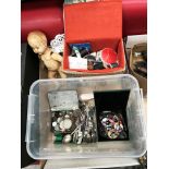 Contents to tray a Roddy R10 plastic baby boy doll, quantity of plated souvenir teaspoons,
