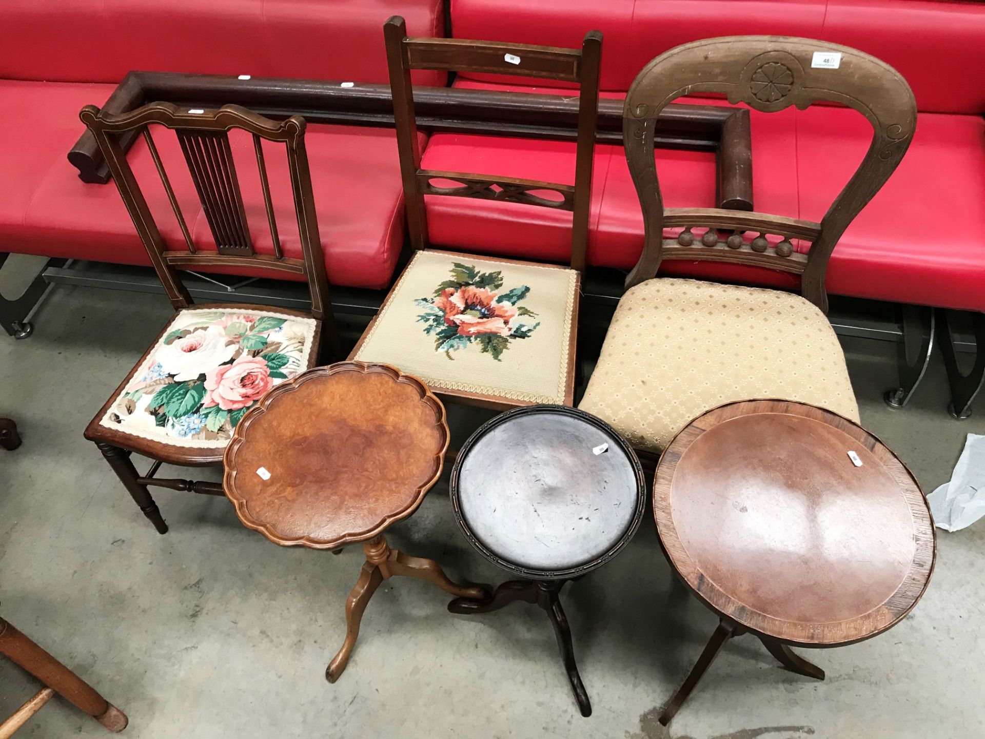 Three mahogany wine tables, two bedroom chairs,